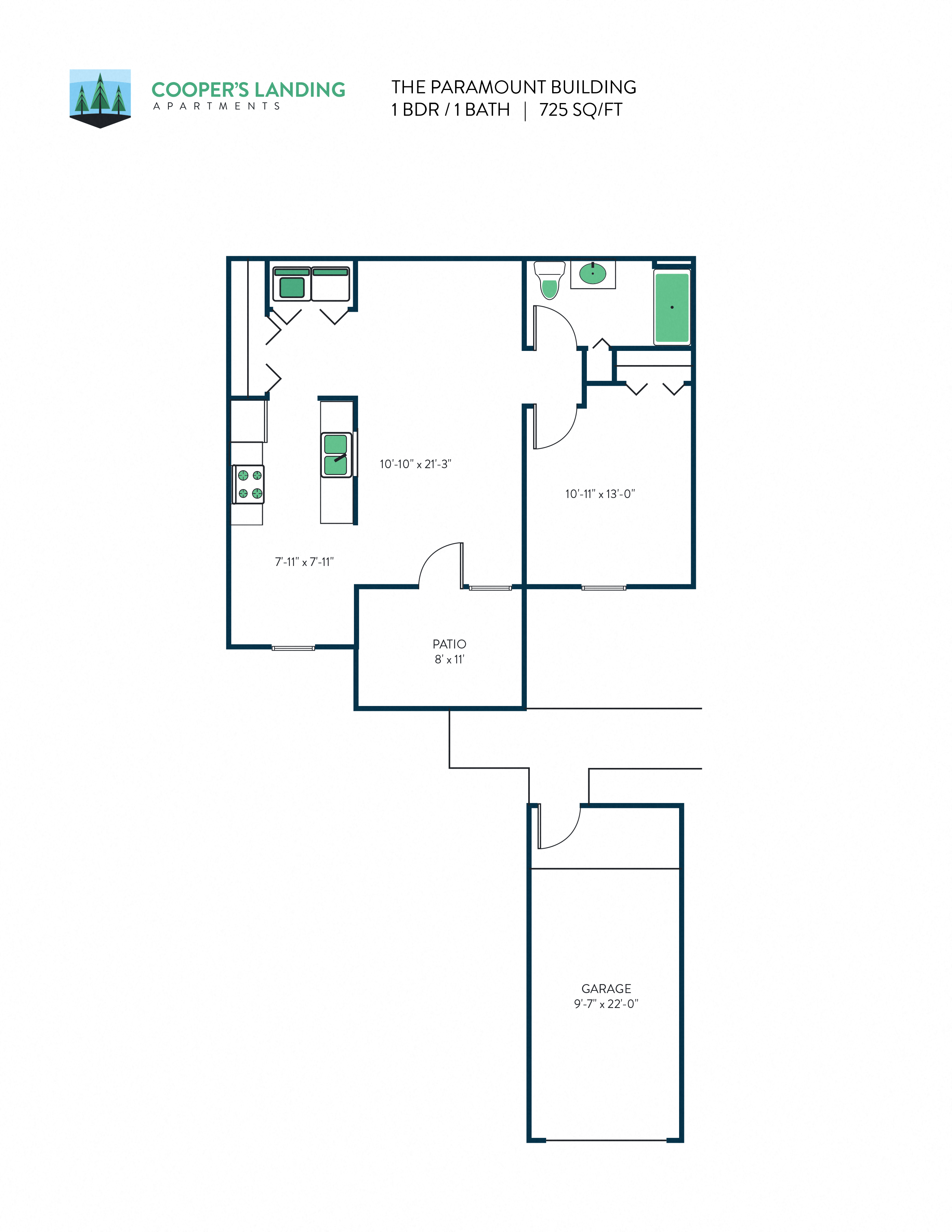 Floor plan for 1 bed, 1 bath, 725 sqft